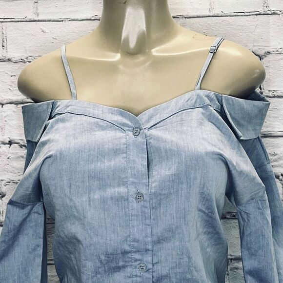Tea & Cup Womens Blue Cold Shoulder Knot Back Long Sleeve Shirt Size Small - Picture 3 of 6